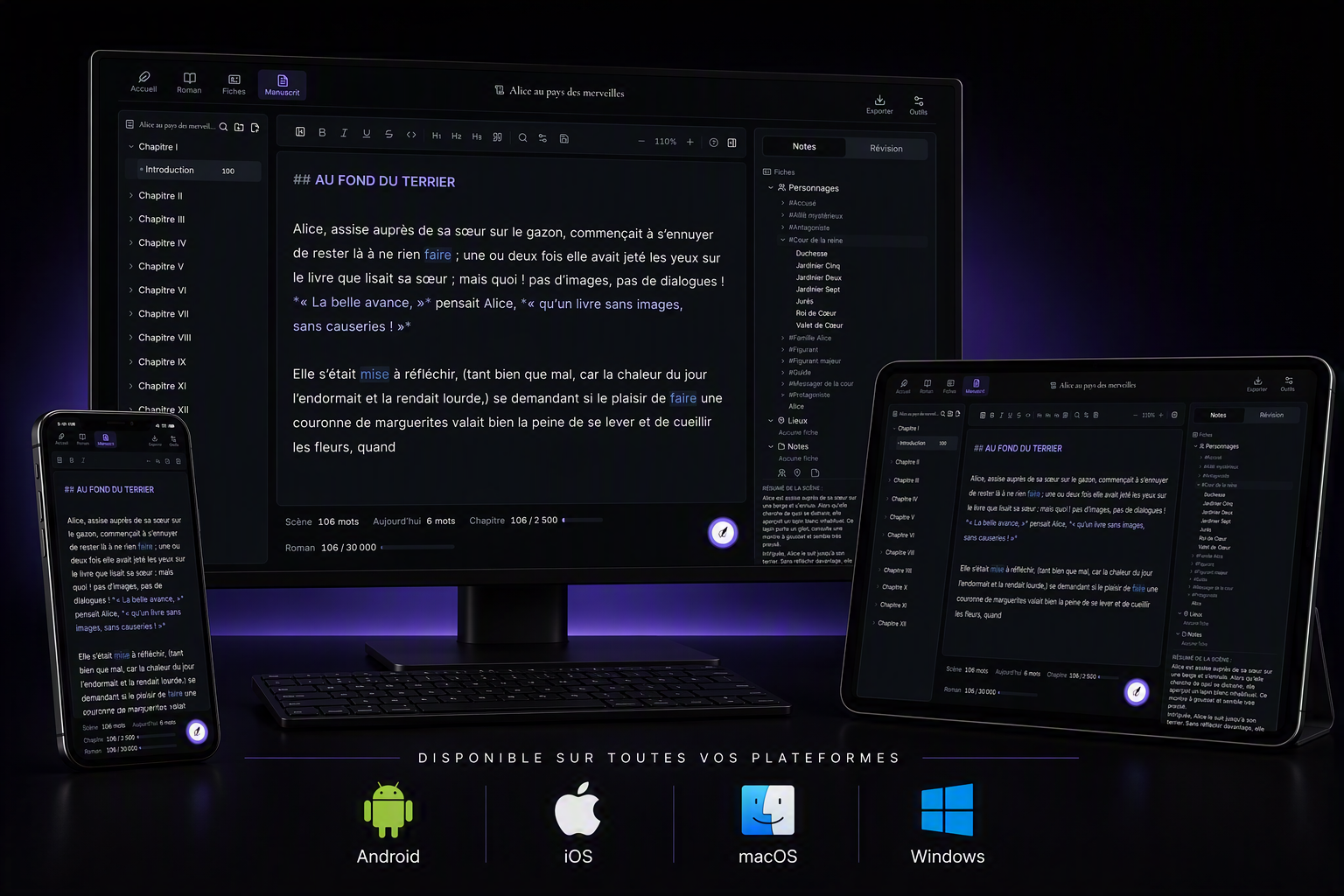 Plume noire sur mobile, tablette et ordinateur — l'atelier d'écriture disponible sur tous les écrans